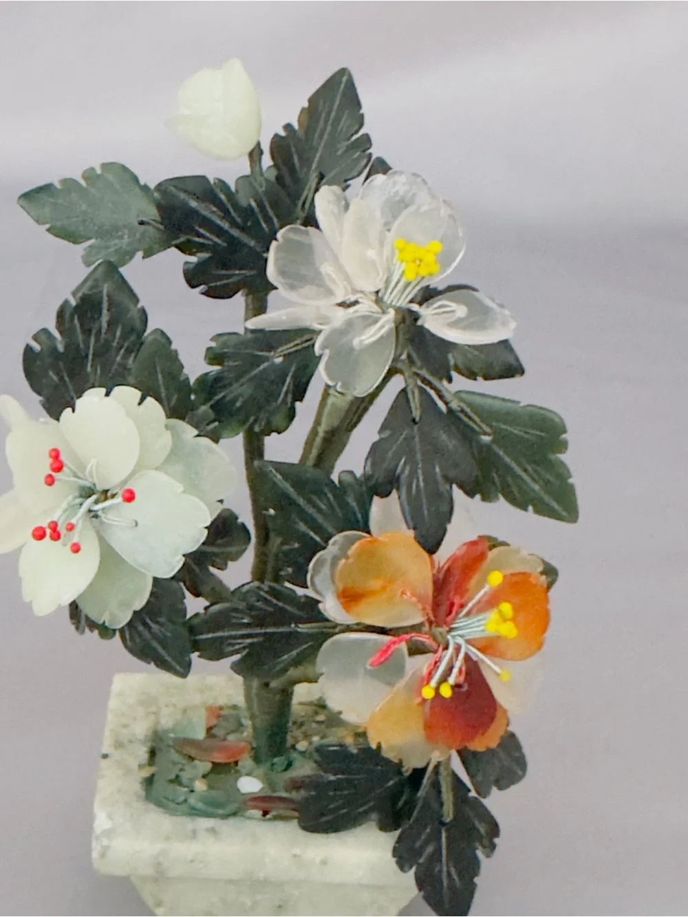 Asian Jade Hardstone Flower Bonsai Trees Jade Planter Pair - White and Orange